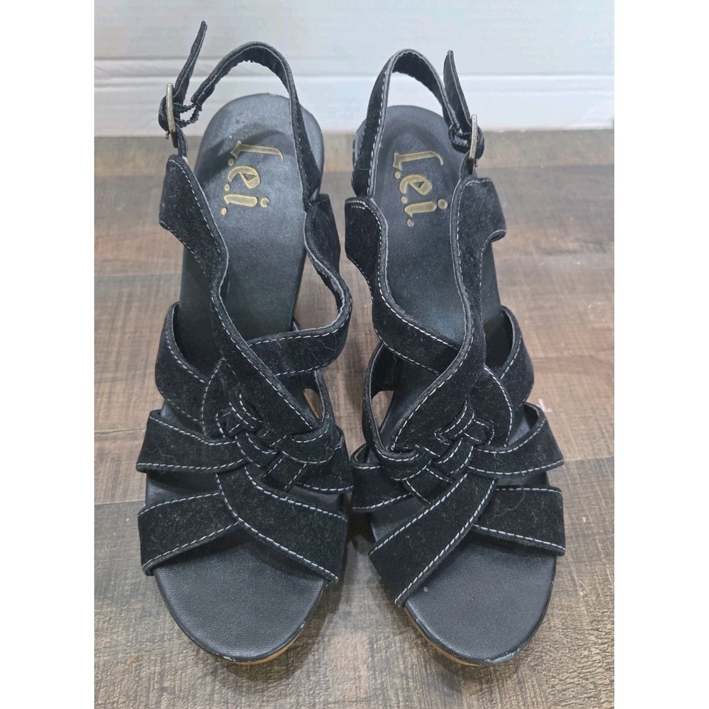 LEI Y2K Swirl Black Womens Faux Wood 4.5" High Heel Sandals Shoes Size 8